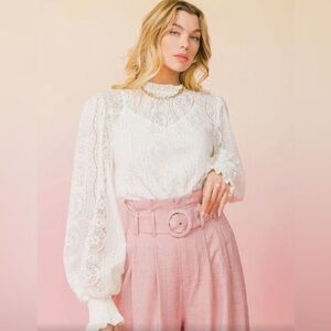 Anthropologie Flying Tomato lace mock neck puff sleeve top NWOT